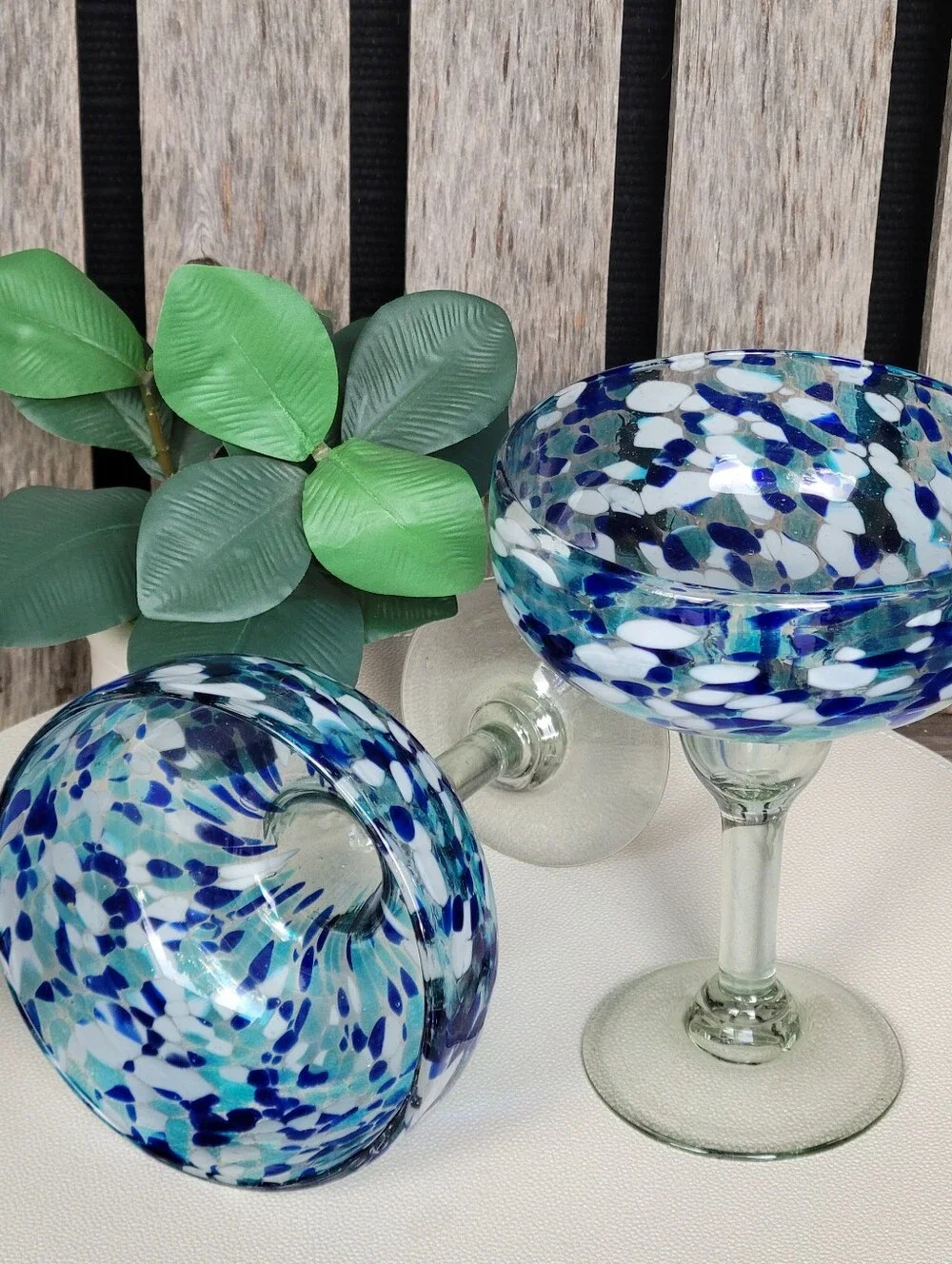 Handblown Mexican Margarita Stemware Vibrant Blue Confetti Set Of 2